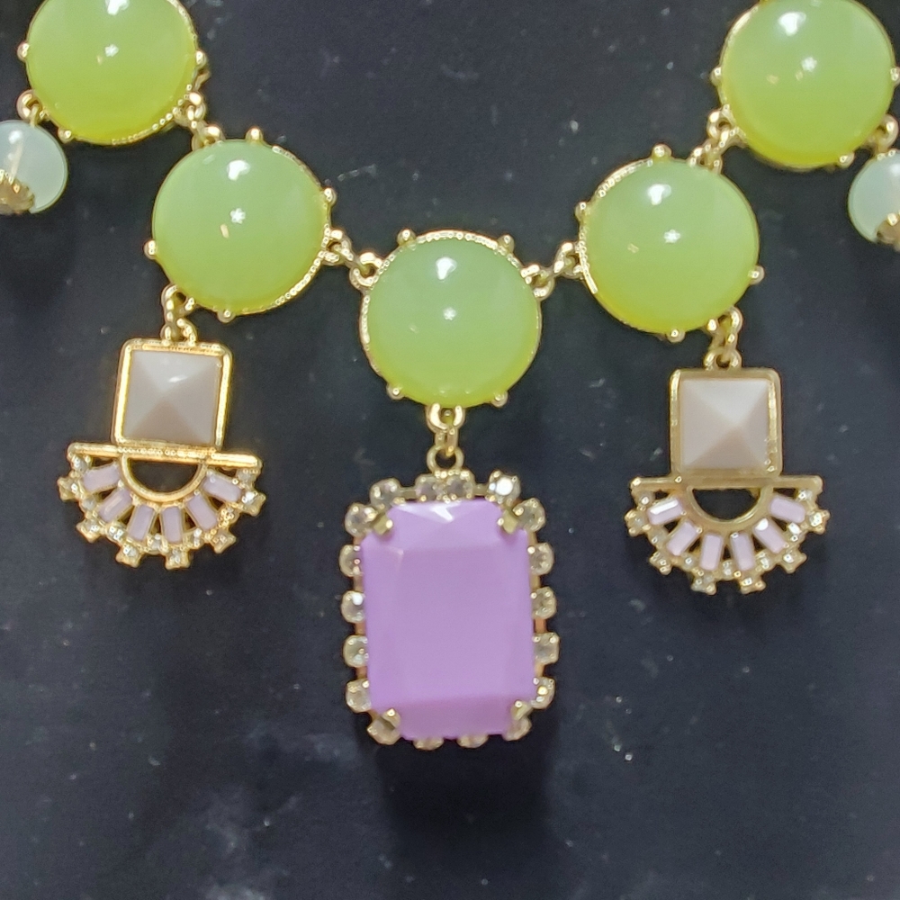 Bijou Drive  gold chain necklace with green and lavender stones with rhinestones - Picture 2 of 4